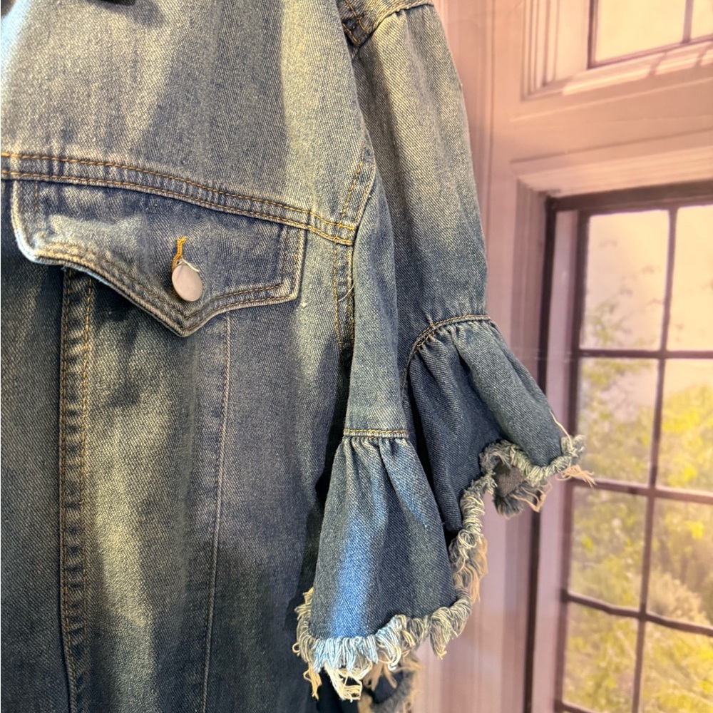 Hayden Denim Distressed Ruffle Jacket Short Sleeve Boho Flap Pockets Ombré 1XL - Picture 3 of 12